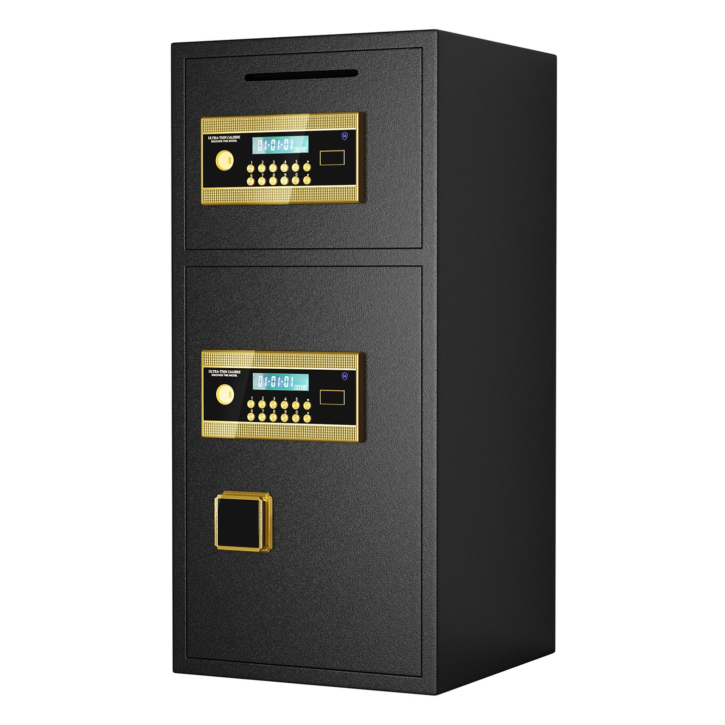 Black dualdoor safe with gold digital keypad and slot for cash deposits ideal for home security