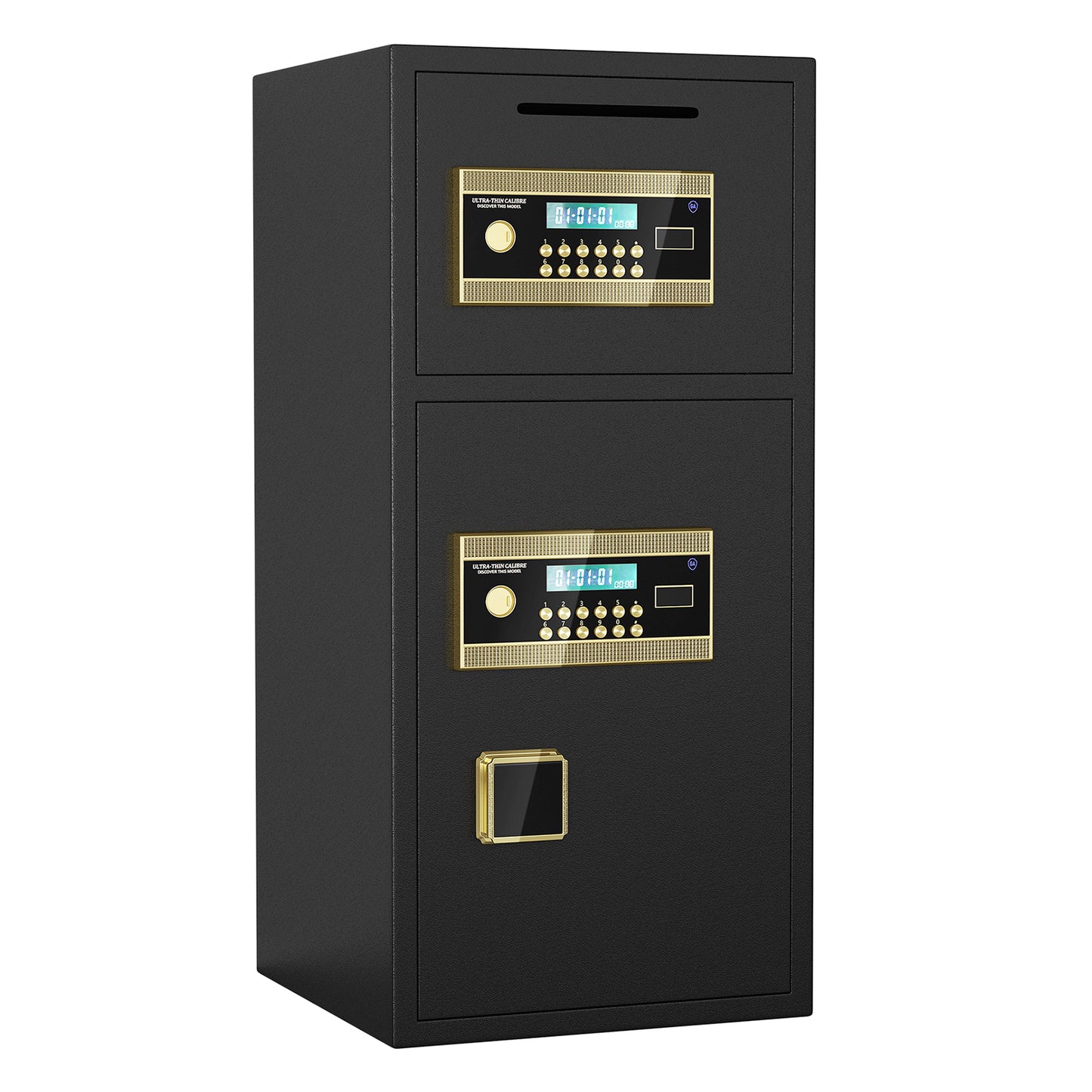 Black digital safe with dual lock screens and coin slot for home security
