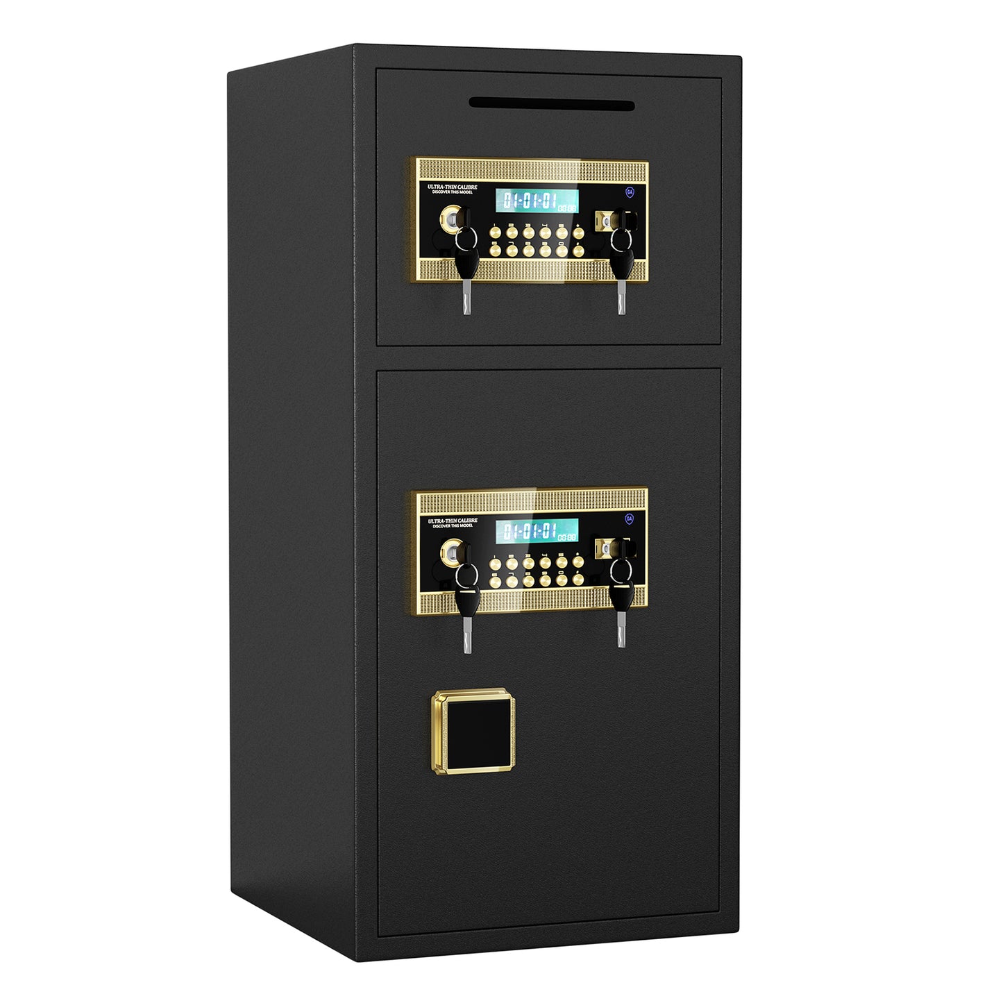 Black dualcompartment security safe with digital keypad and dual keys for enhanced security