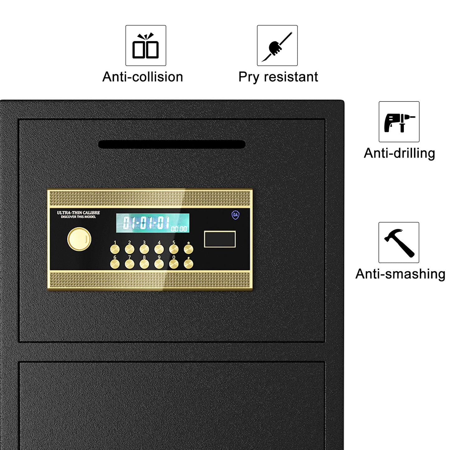 Black digital safe with coin slot and gold keypad featuring antismashing