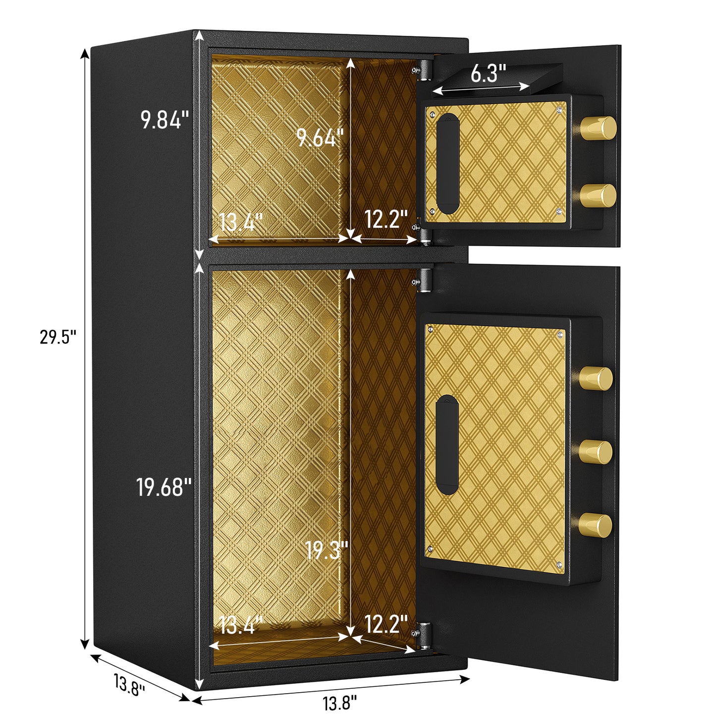 Black steel digital safe with gold patterned interior and dual compartments  inches high
