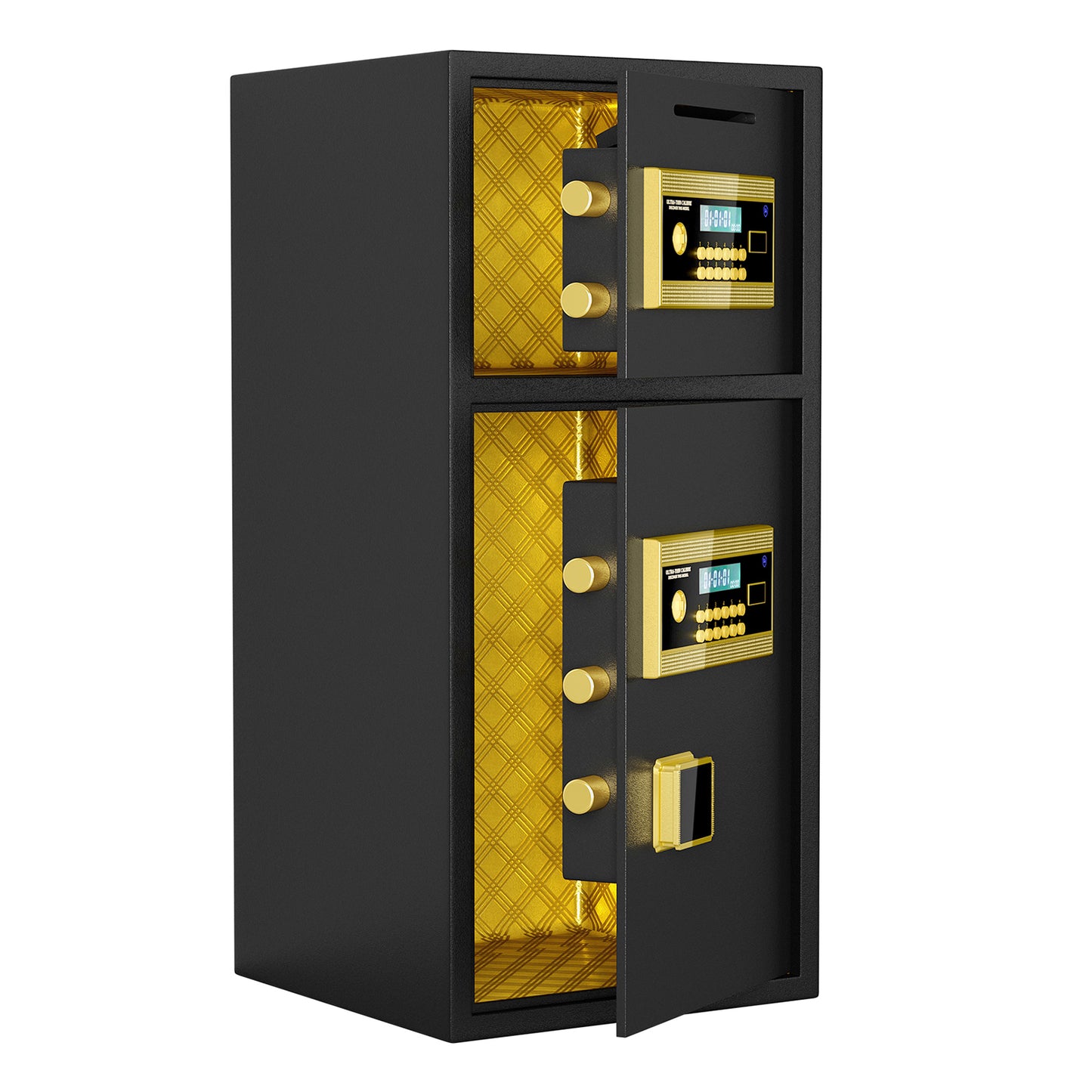 Black dualdoor digital safe with gold interior and keypad
