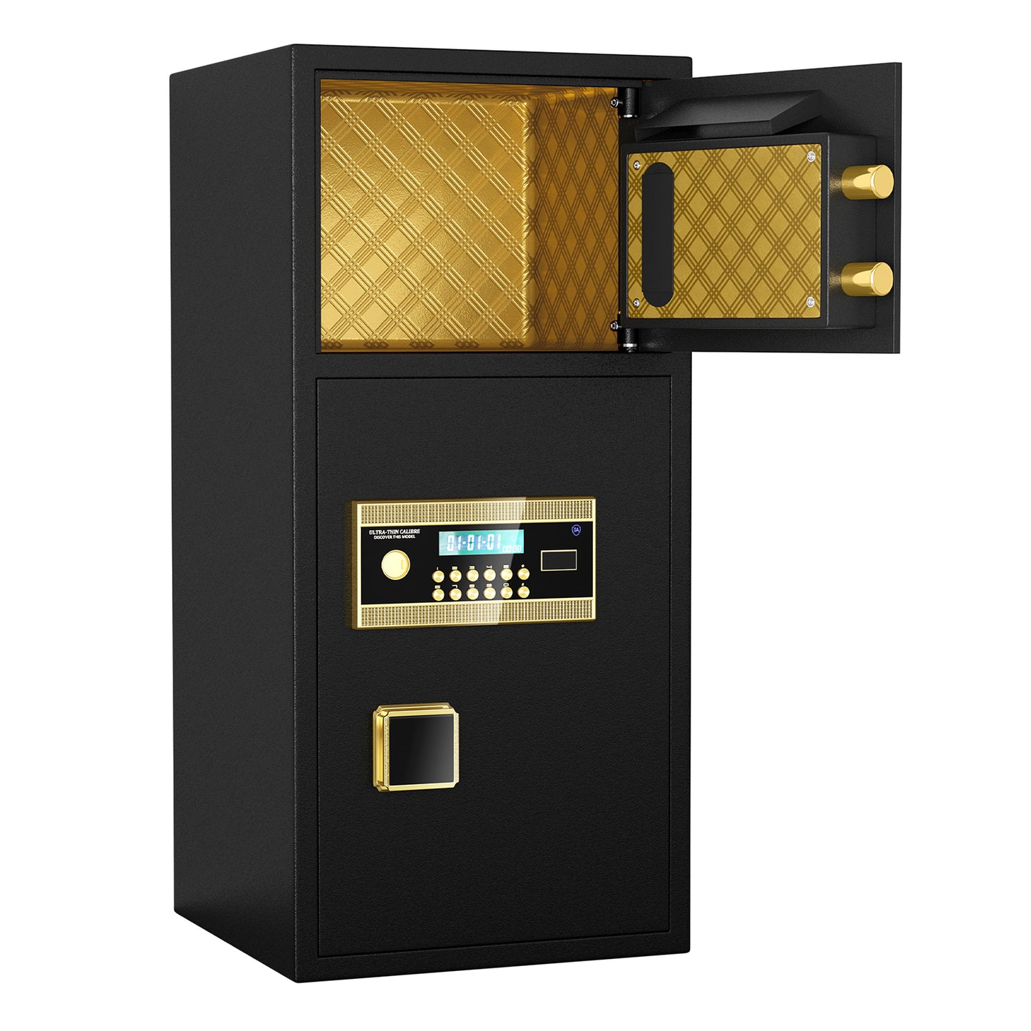 Black digital safe with gold patterned interior and key lock