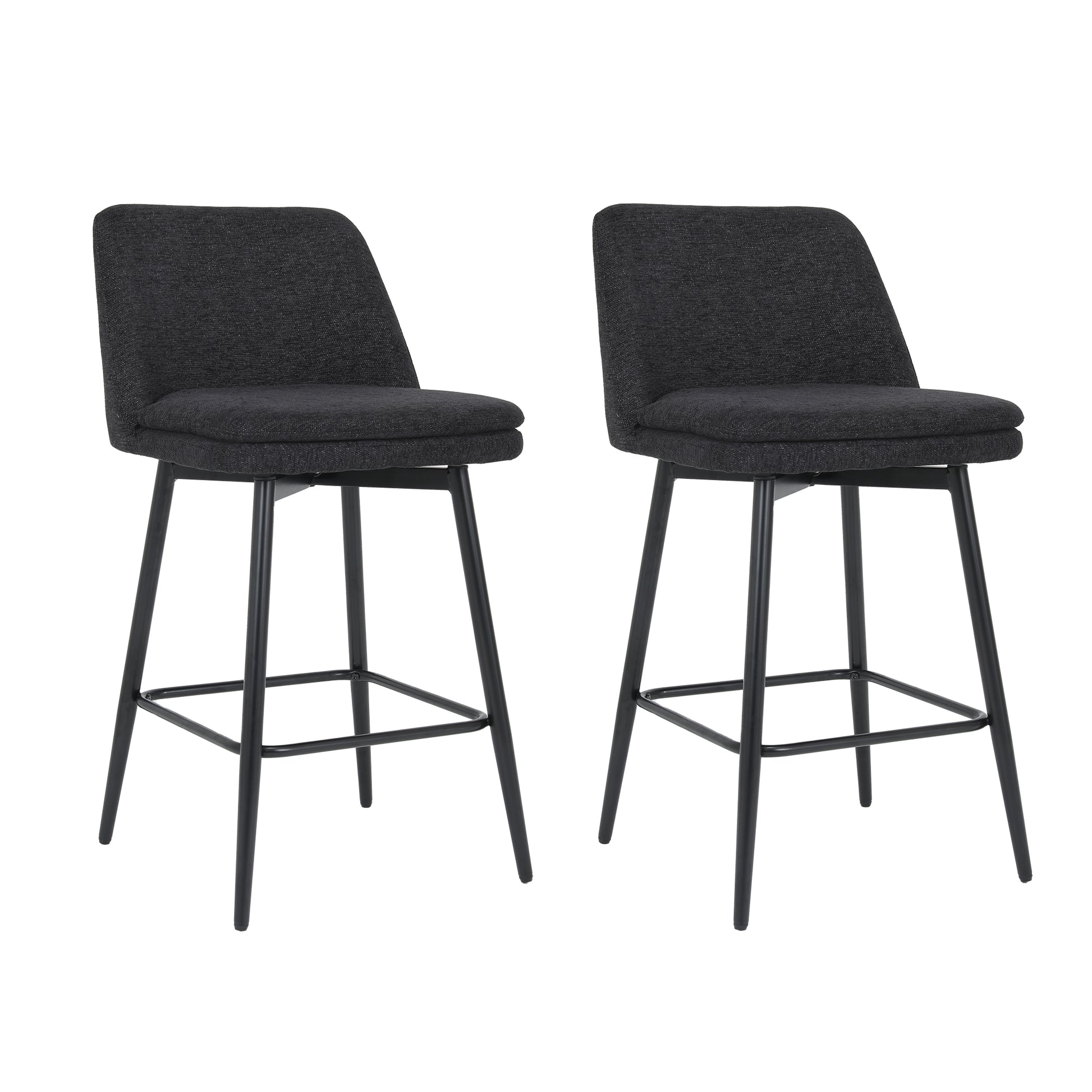 Pair of charcoal fabric upholstered bar stools with black metal legs