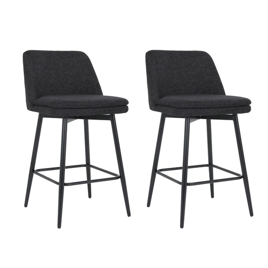 Pair of charcoal fabric upholstered bar stools with black metal legs