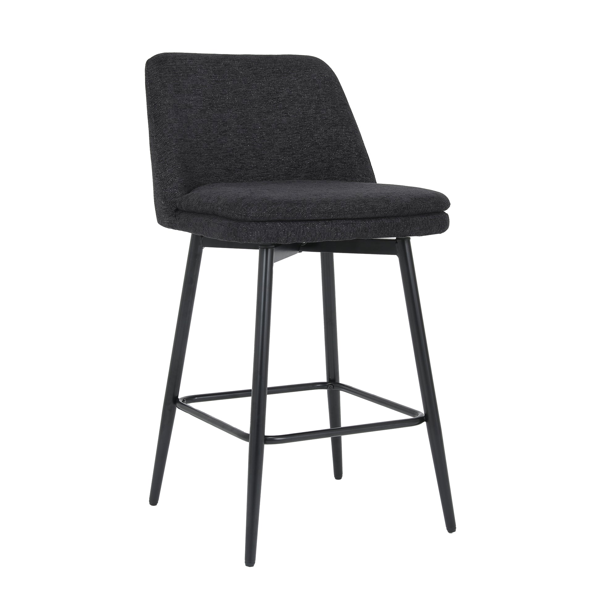 Dark grey upholstered bar stool with black metal legs and footrest