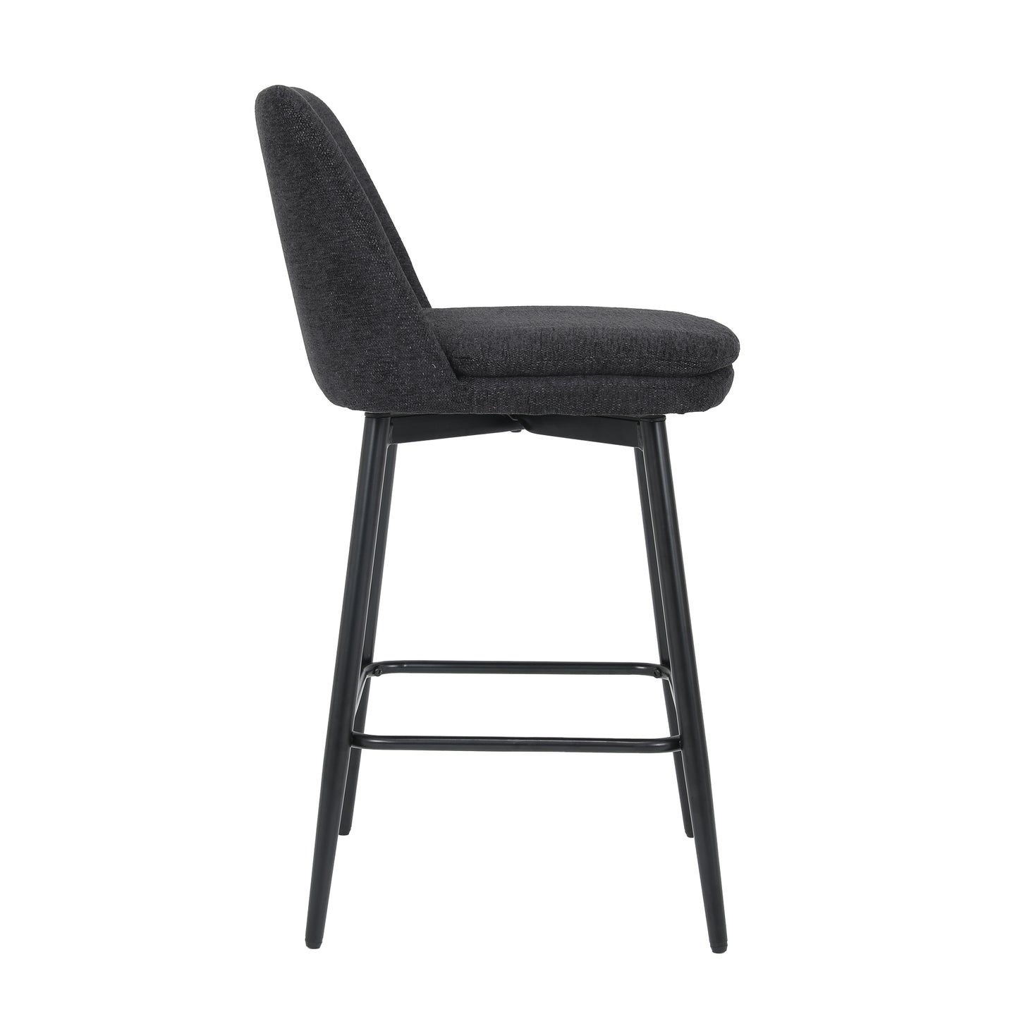 Dark grey upholstered bar stool with black metal legs and footrest