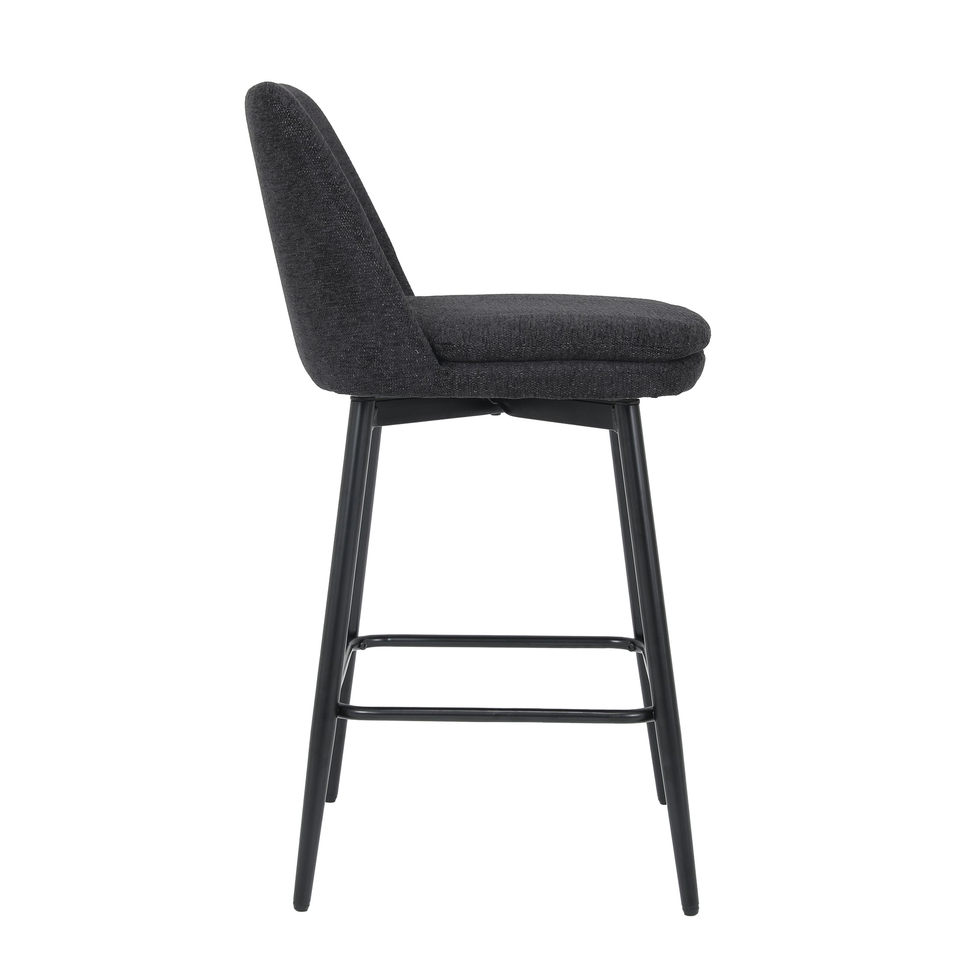 Dark grey upholstered bar stool with black metal legs and footrest