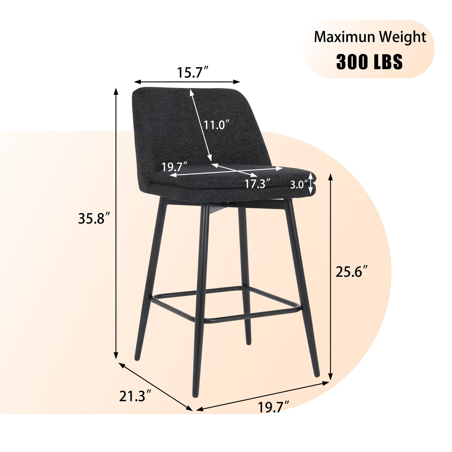 Dark gray fabric bar stool with black metal legs dimensions indicated  lb weight capacity
