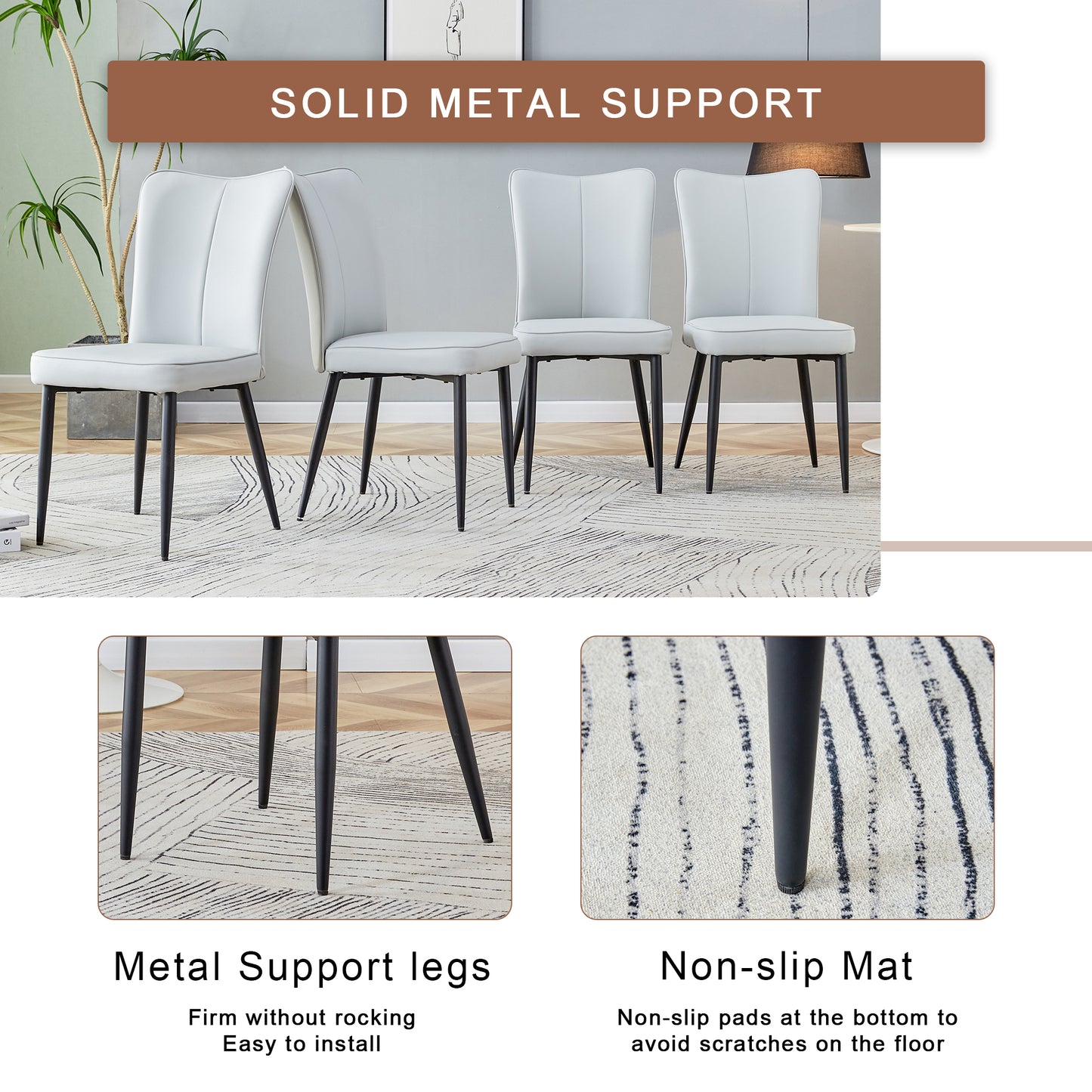 Four white dining chairs with solid metal support legs and a modern design