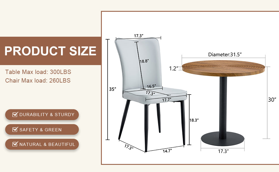 White upholstered dining chair with black legs and dimensions shown