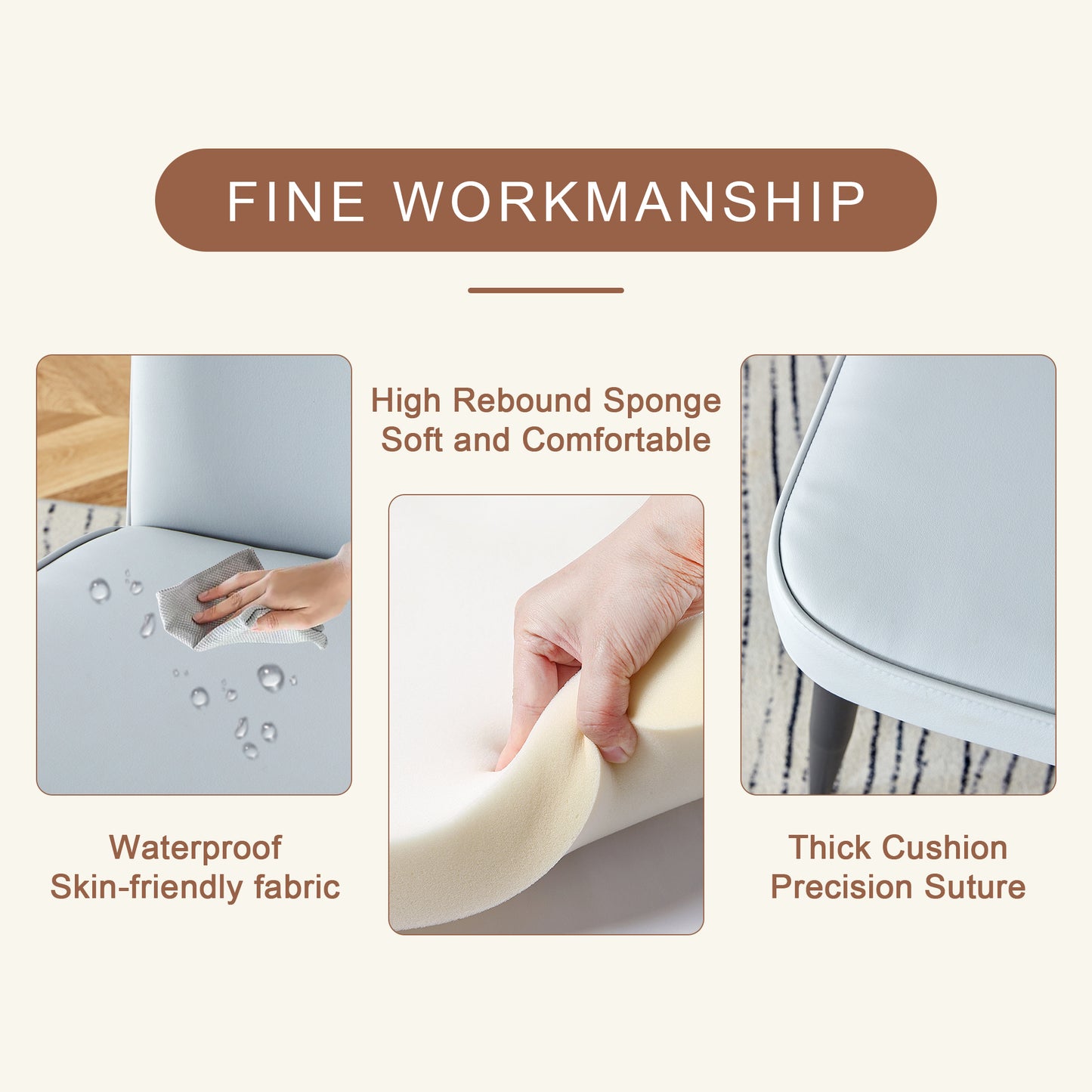 Light blue chair with waterproof skinfriendly fabric surface being wiped