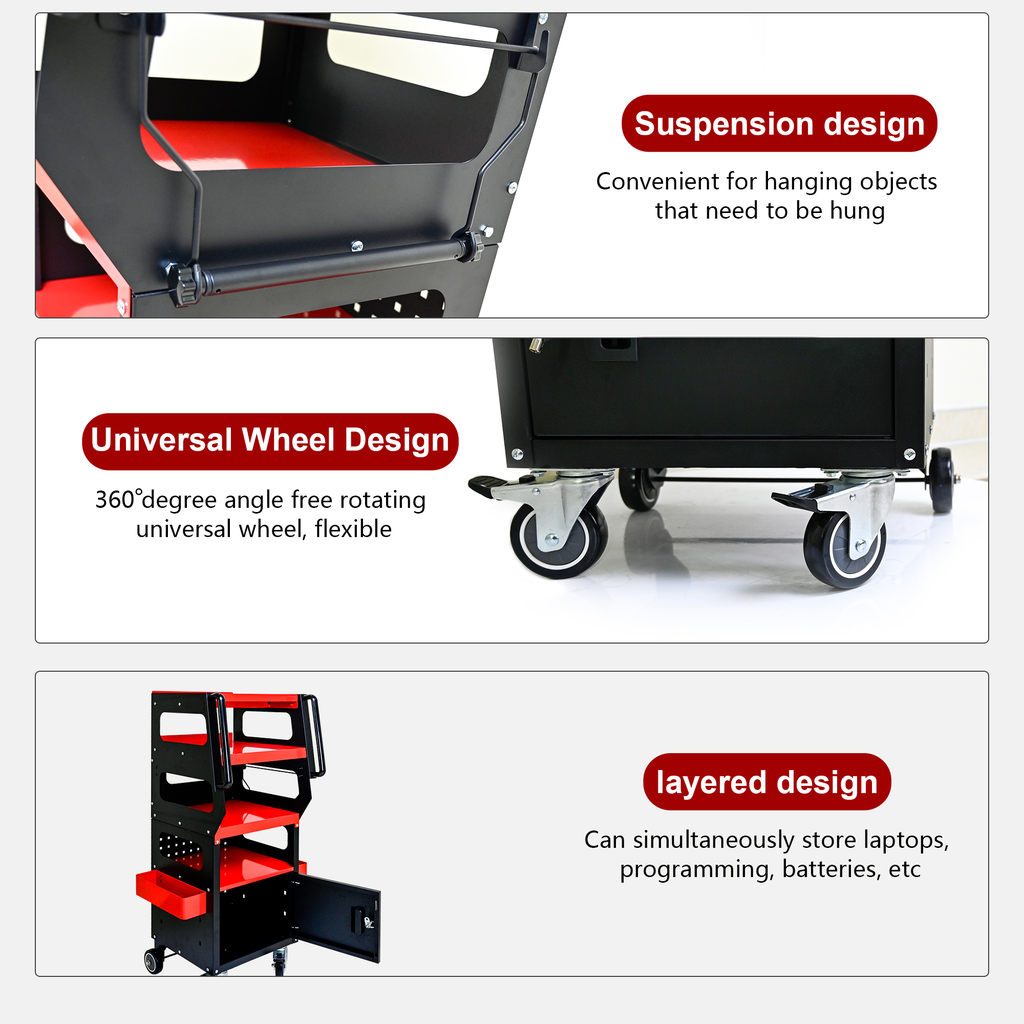 Red and black tool cart with suspension design for easy hanging