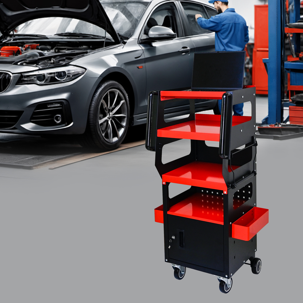 Black and red mechanics tool cart with multiple shelves and a laptop