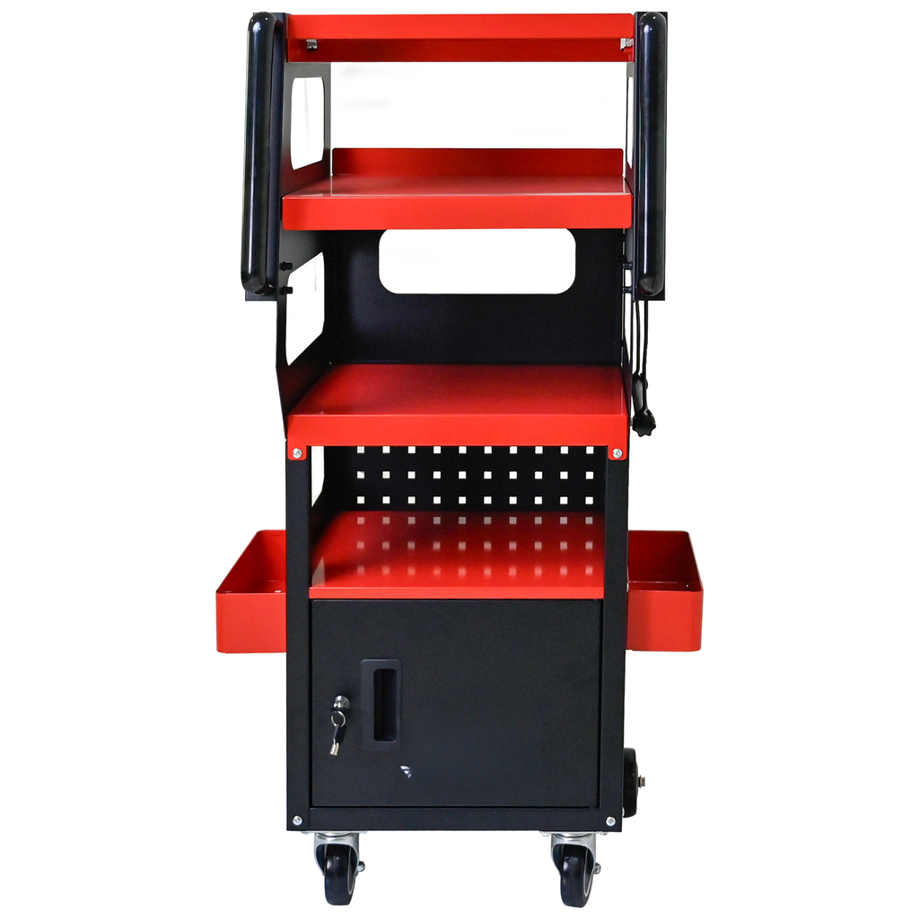 Red and black metal rolling tool cart with locking cabinet and four shelves