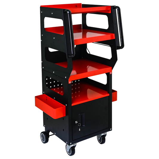 Black and red rolling utility cart with four shelves and side bins for tool storage