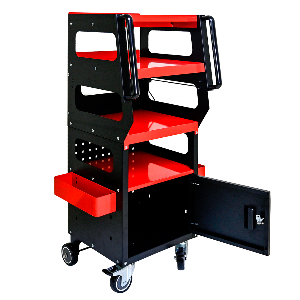 Black and red multilevel rolling mechanic tool cart with open cabinet