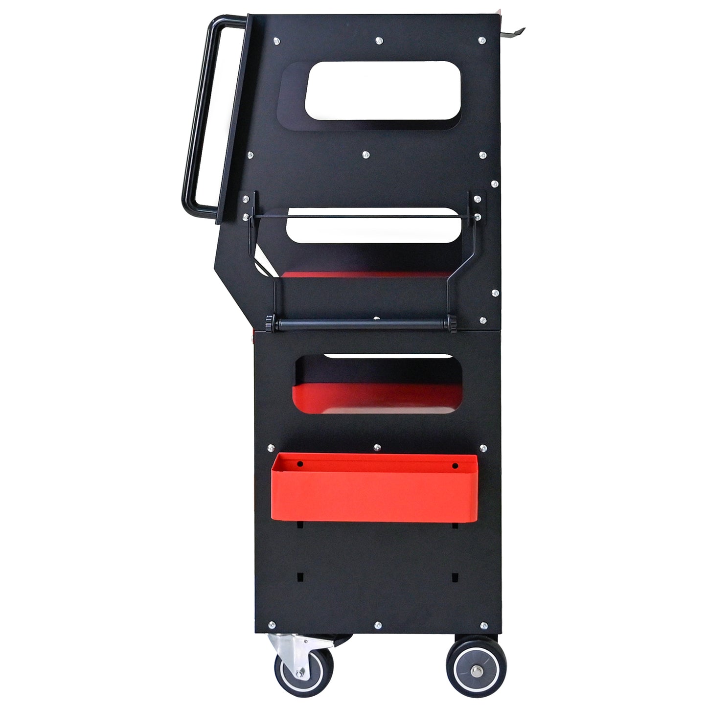 Black rolling tool cart with red accents and a metal handle ideal for mechanics