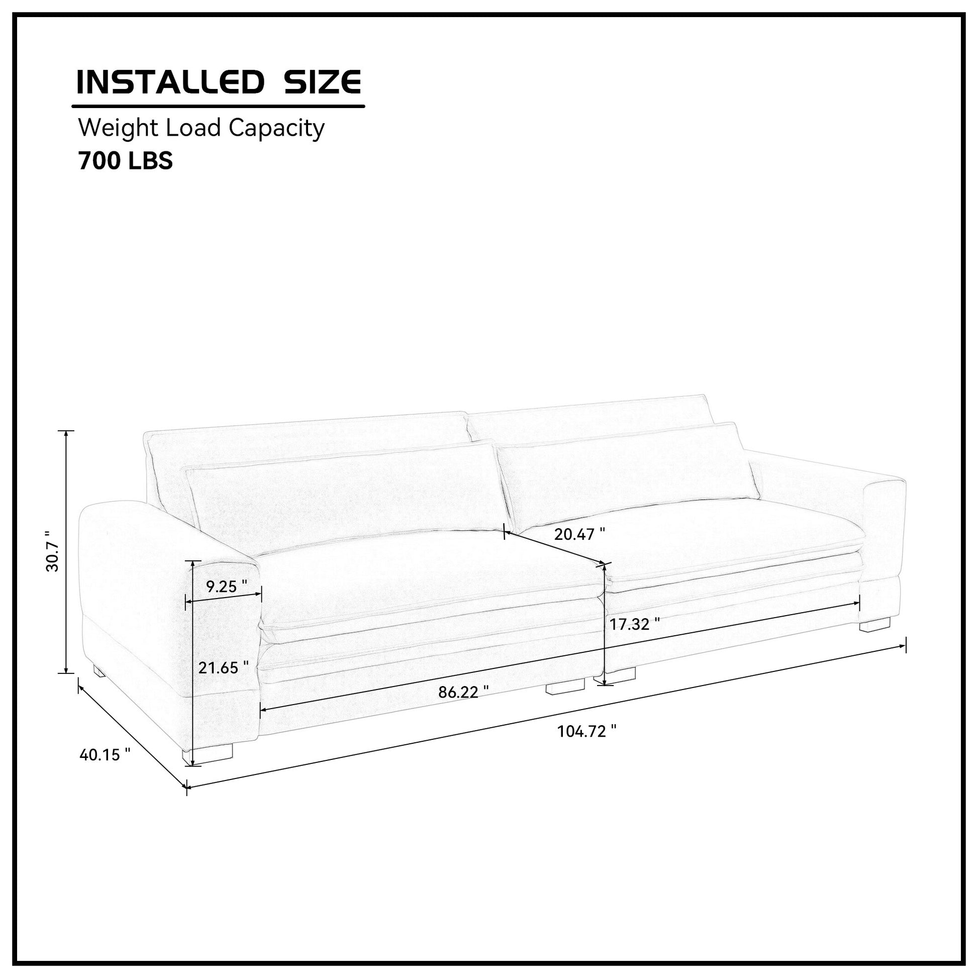 Diagram showing dimensions of a  lb capacity sofa including height  depth  and width