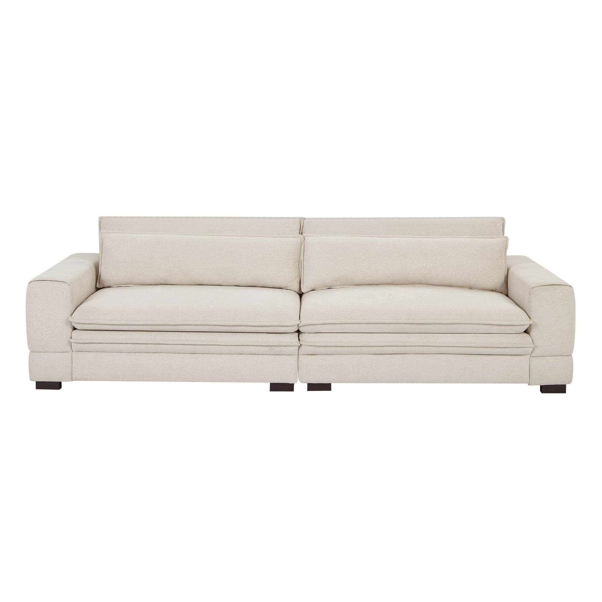 Cream linen modern sectional sofa with plush cushions and dark wood legs