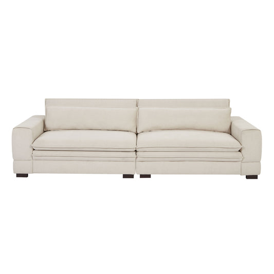 Cream linen modern sectional sofa with plush cushions and dark wood legs