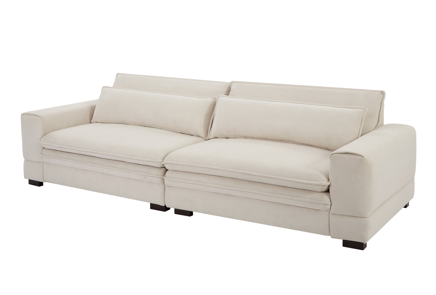 Cream fabric modular sectional sofa with plush cushions and dark wooden feet