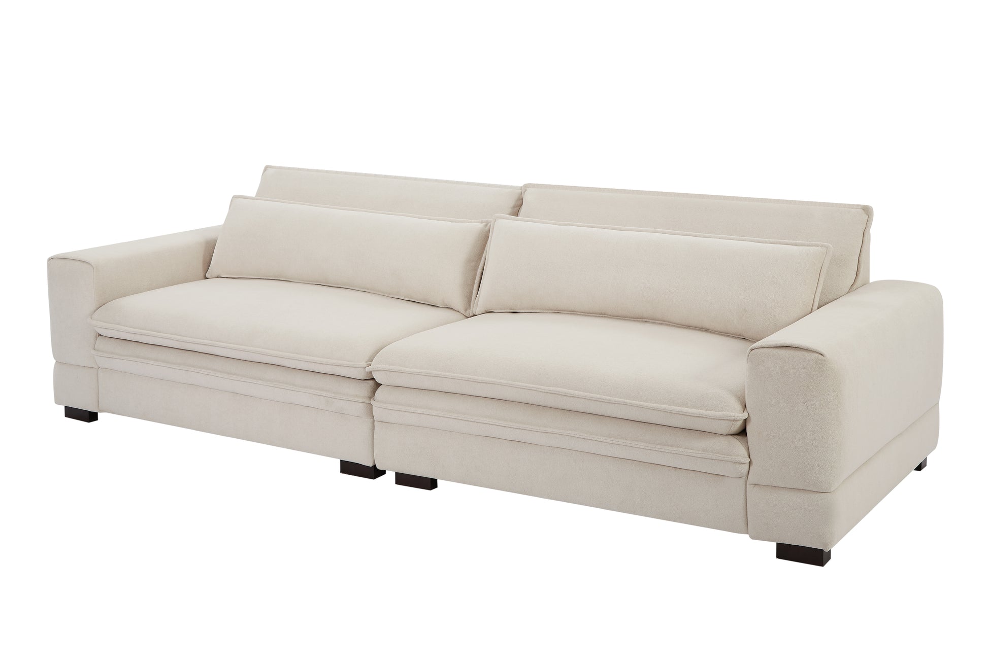 Cream fabric modular sectional sofa with plush cushions and dark wooden feet