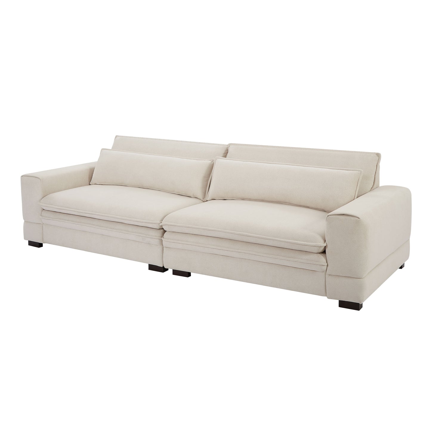 Cream boucle fabric sectional sofa with plush cushions and dark wood legs