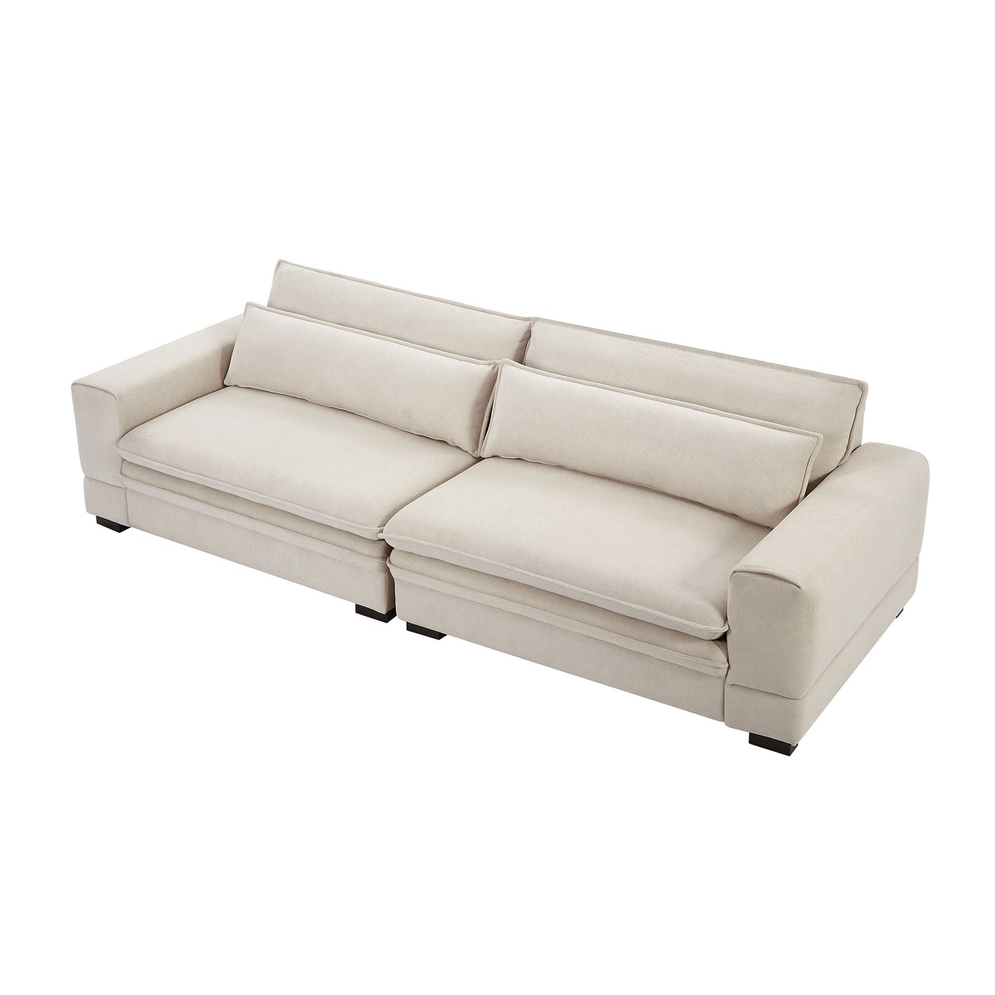 Cream fabric sectional sofa with plush cushions and dark wood legs