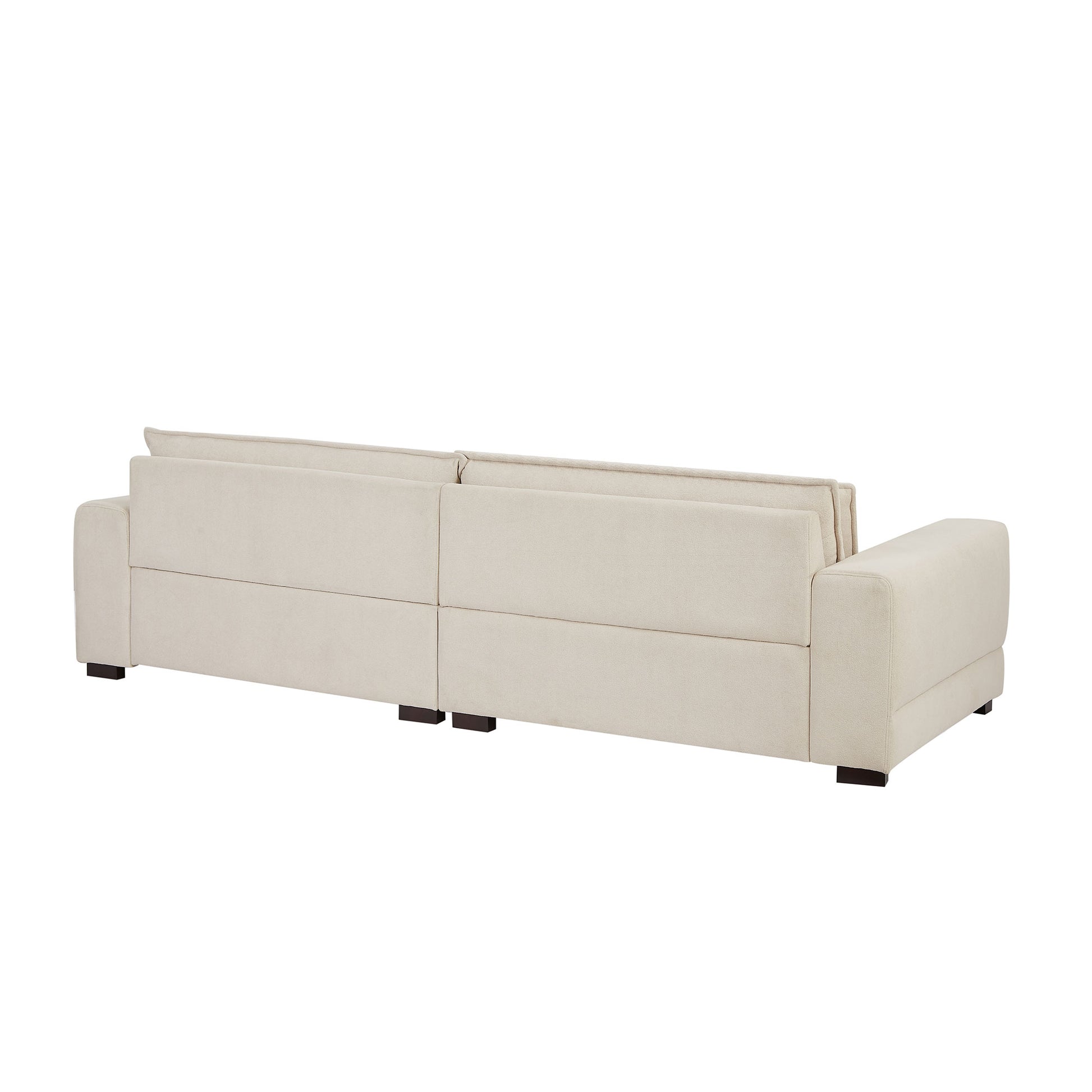 Beige fabric sofa with modern clean lines and dark wooden block feet