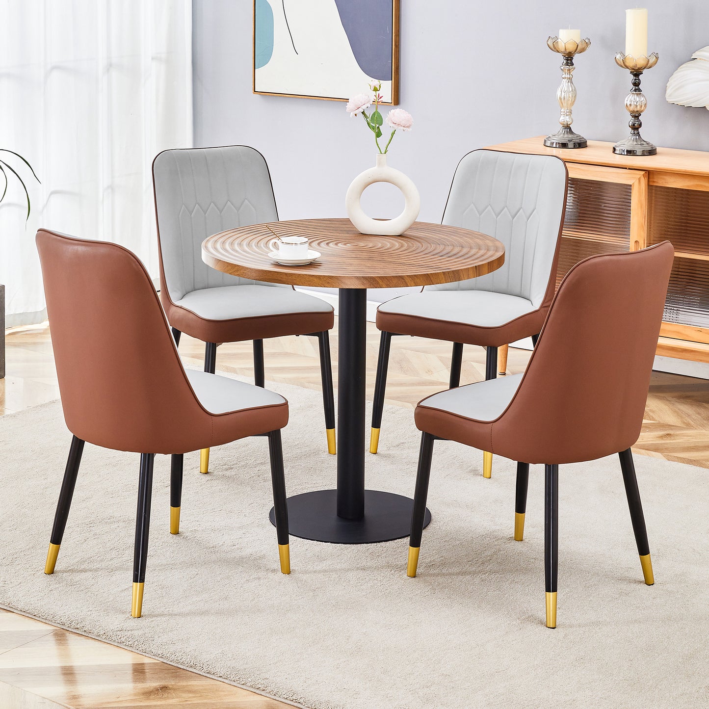 Brown faux leather dining chairs with white padded seats set of