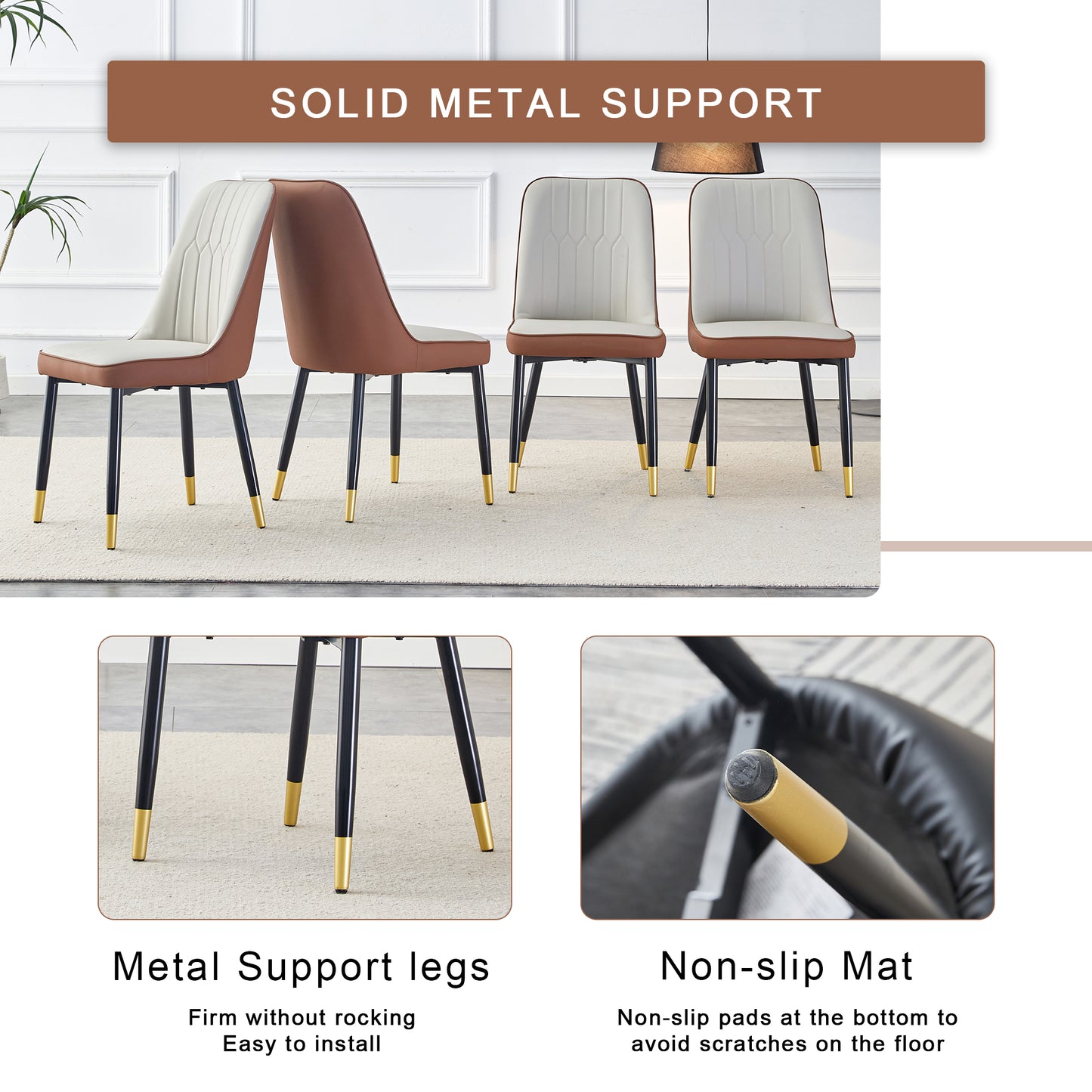Modern dining chairs with cream upholstered seats and brown leather sides featuring solid metal support legs