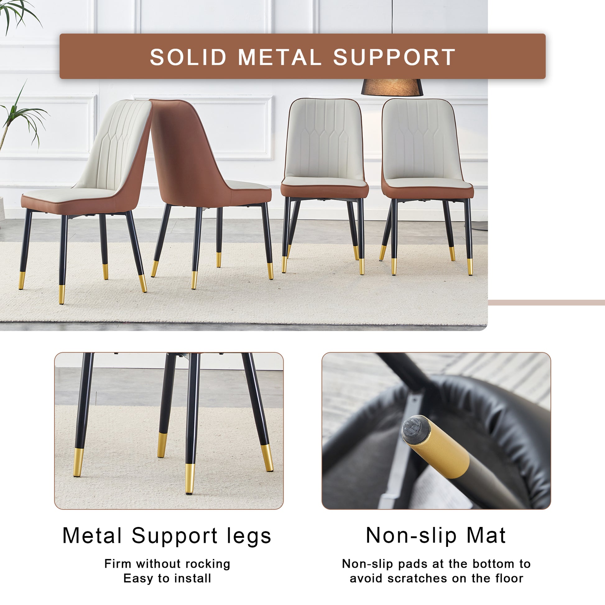 Modern dining chairs with cream upholstered seats and brown leather sides featuring solid metal support legs