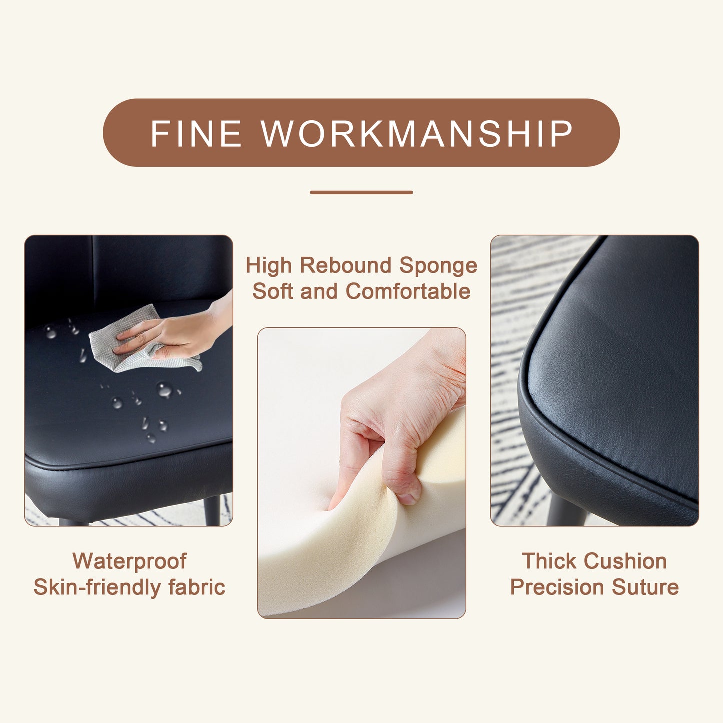 Black faux leather chair seat being wiped with a cloth showcasing waterproof qualities