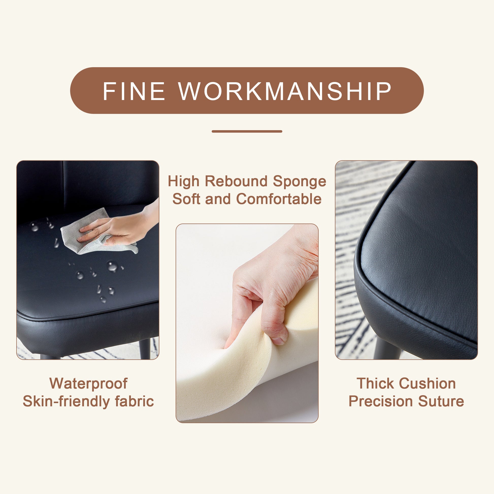 Black faux leather chair seat being wiped with a cloth showcasing waterproof qualities