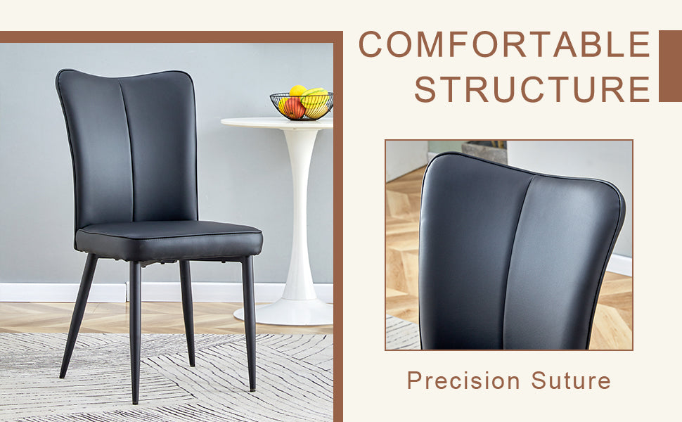 Sleek black faux leather dining chair with supportive curved back and slim metal legs