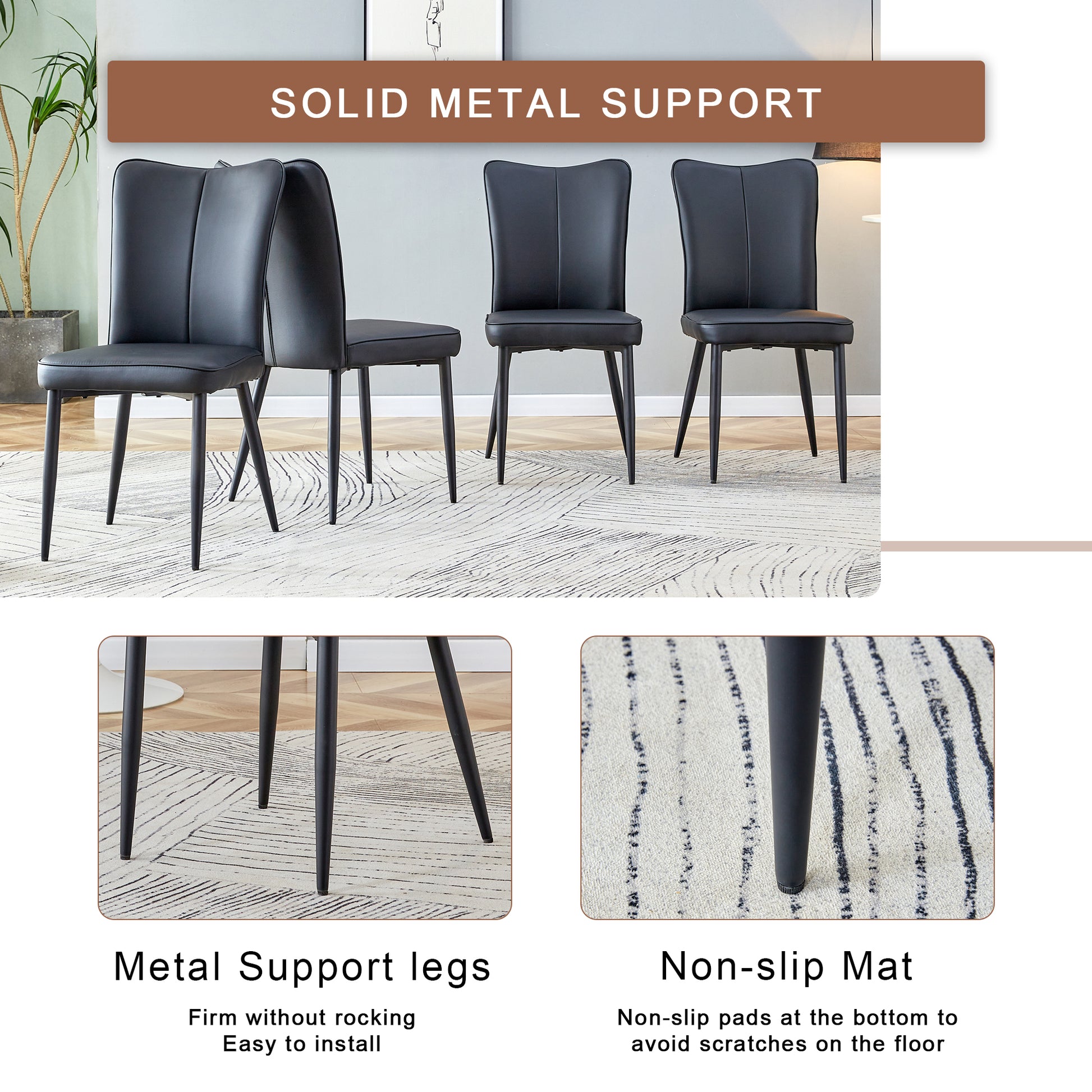 Four black faux leather dining chairs with solid metal support legs