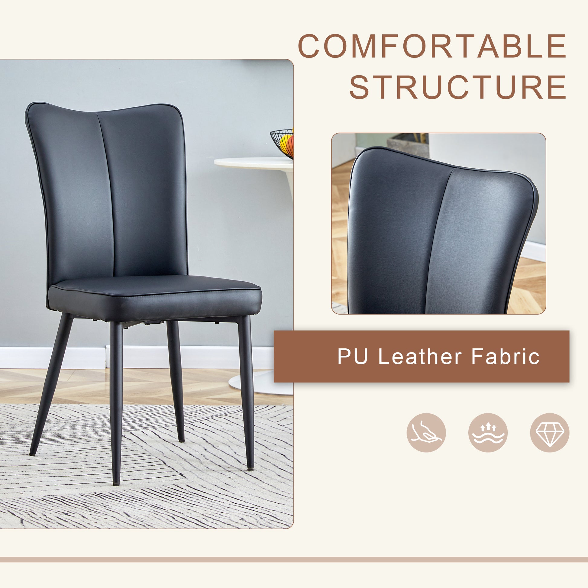 Black PU leather dining chair with comfortable structure and sleek metal legs