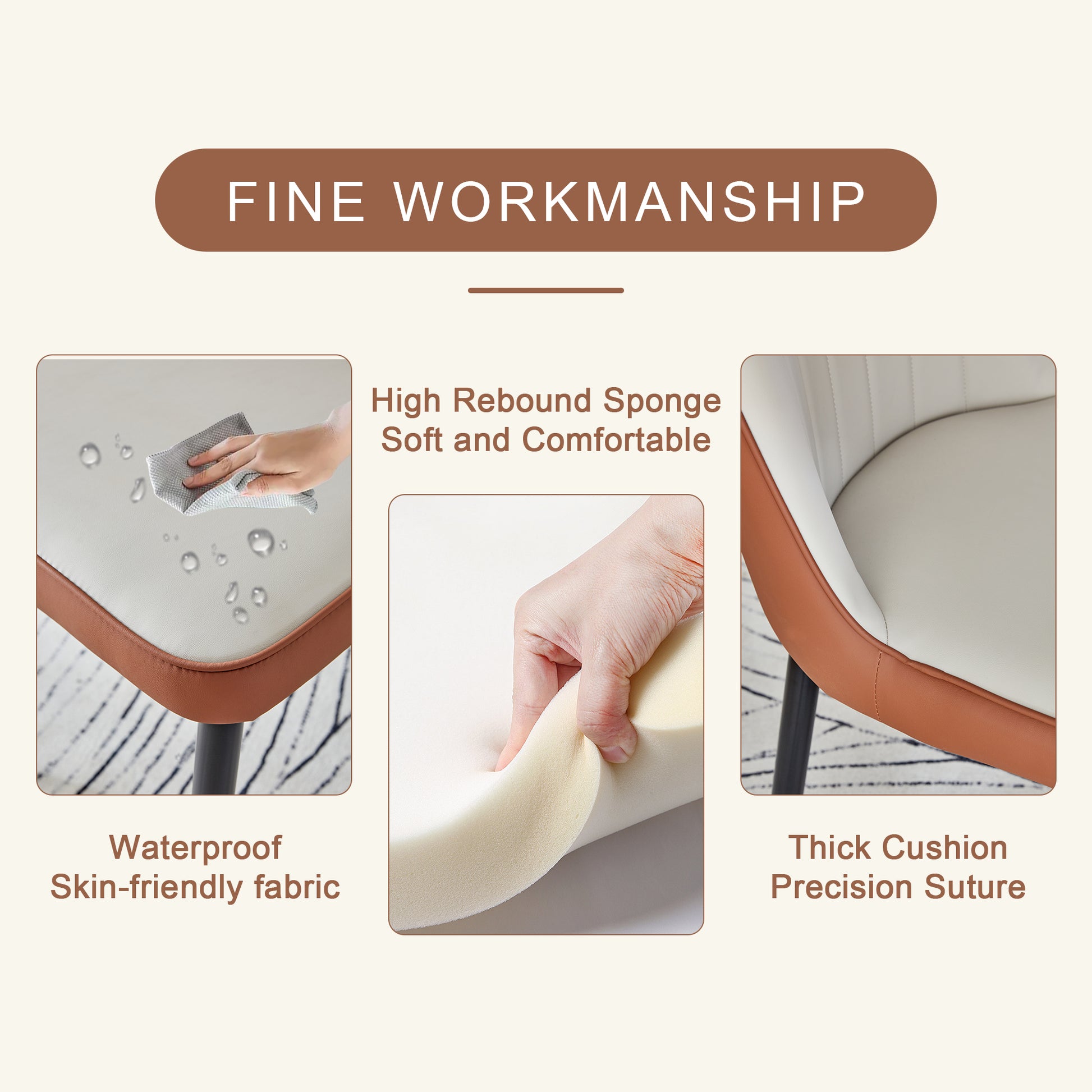Closeup of white chair seat with brown vegan leather trim being cleaned with a damp cloth showing waterproof fabric