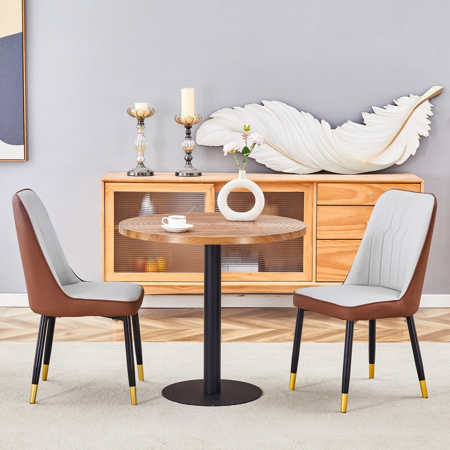 Modern grey and brown dining chair with gold accents
