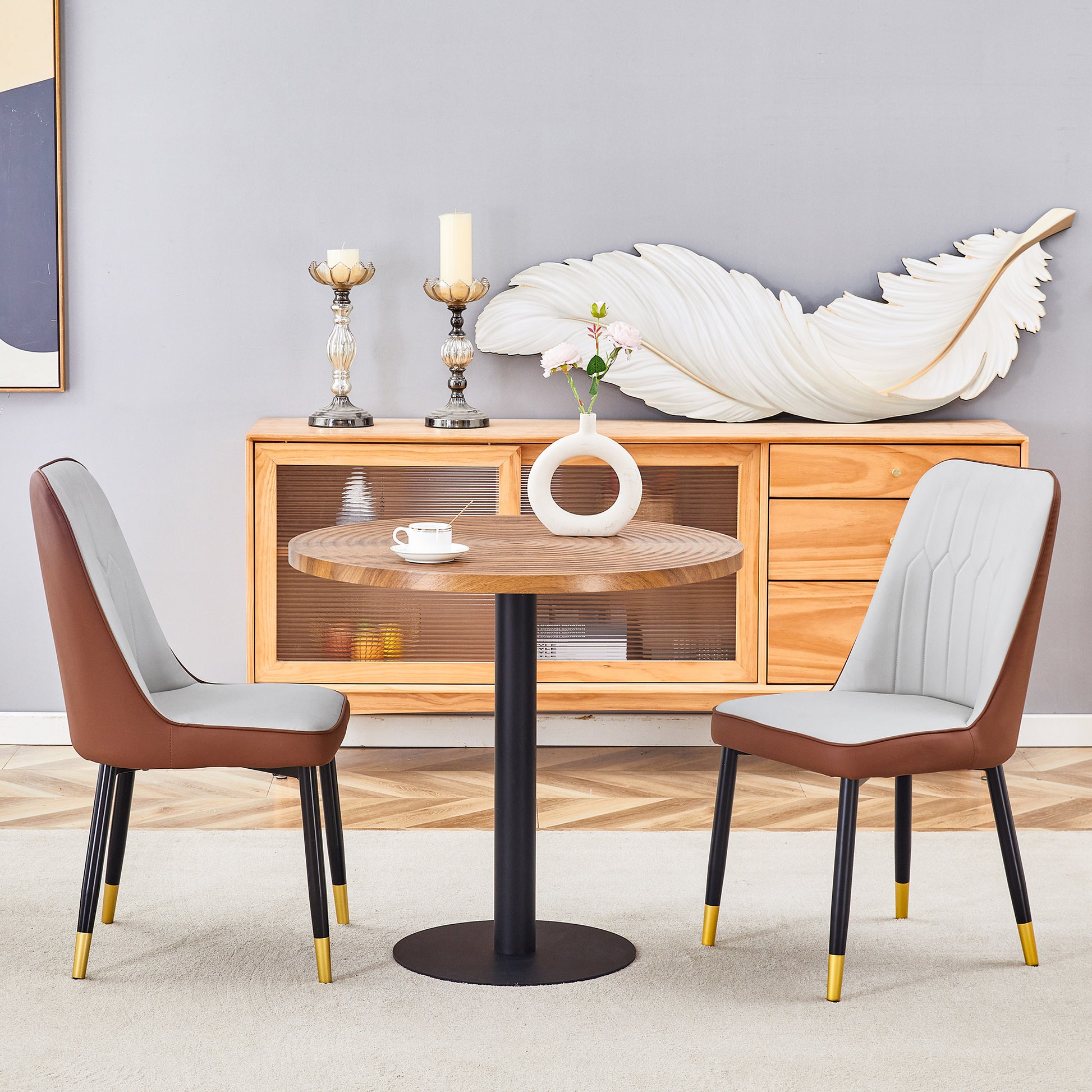 Modern grey and brown dining chair with gold accents