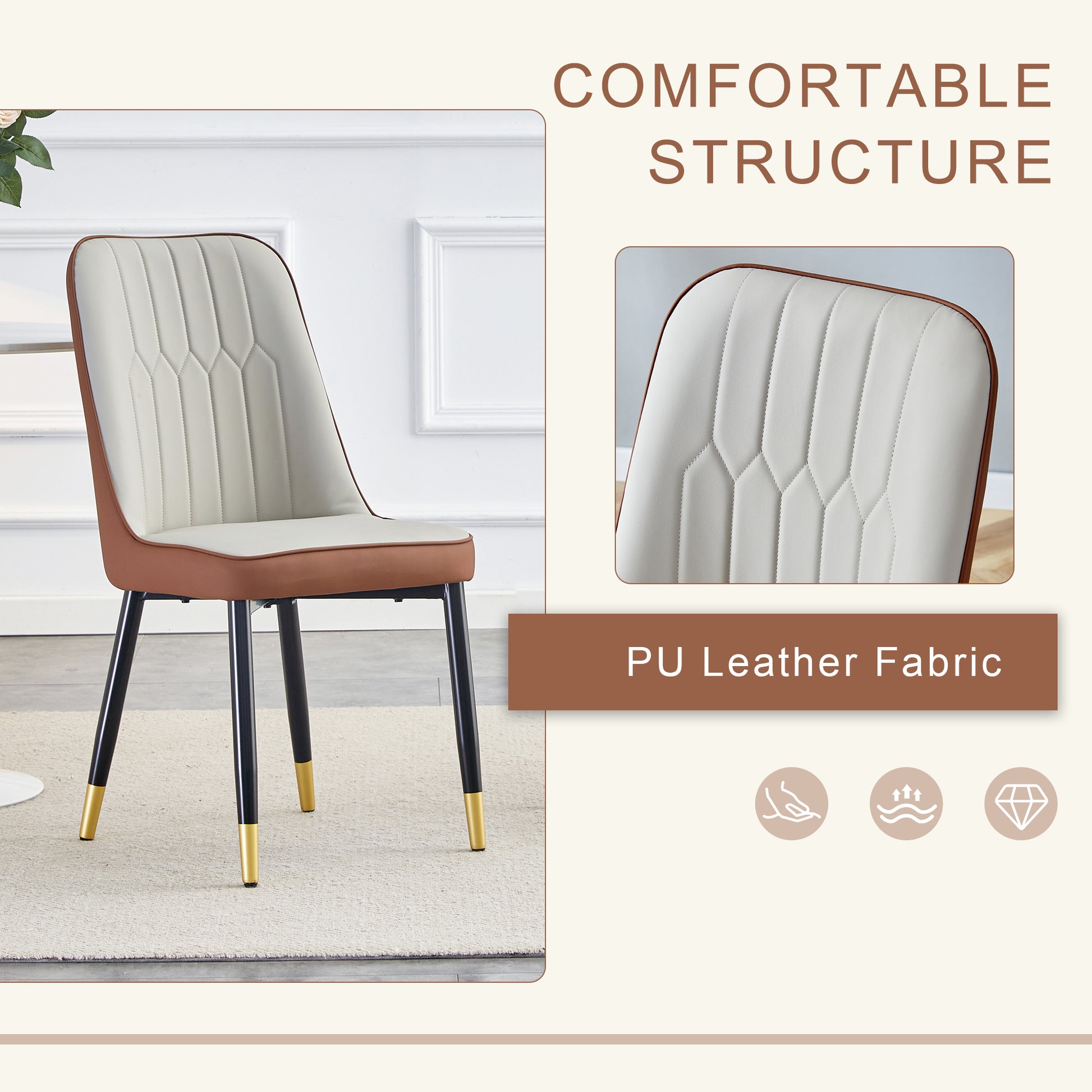 Modern dining chair with cream PU leather and brown trim black legs and gold accents
