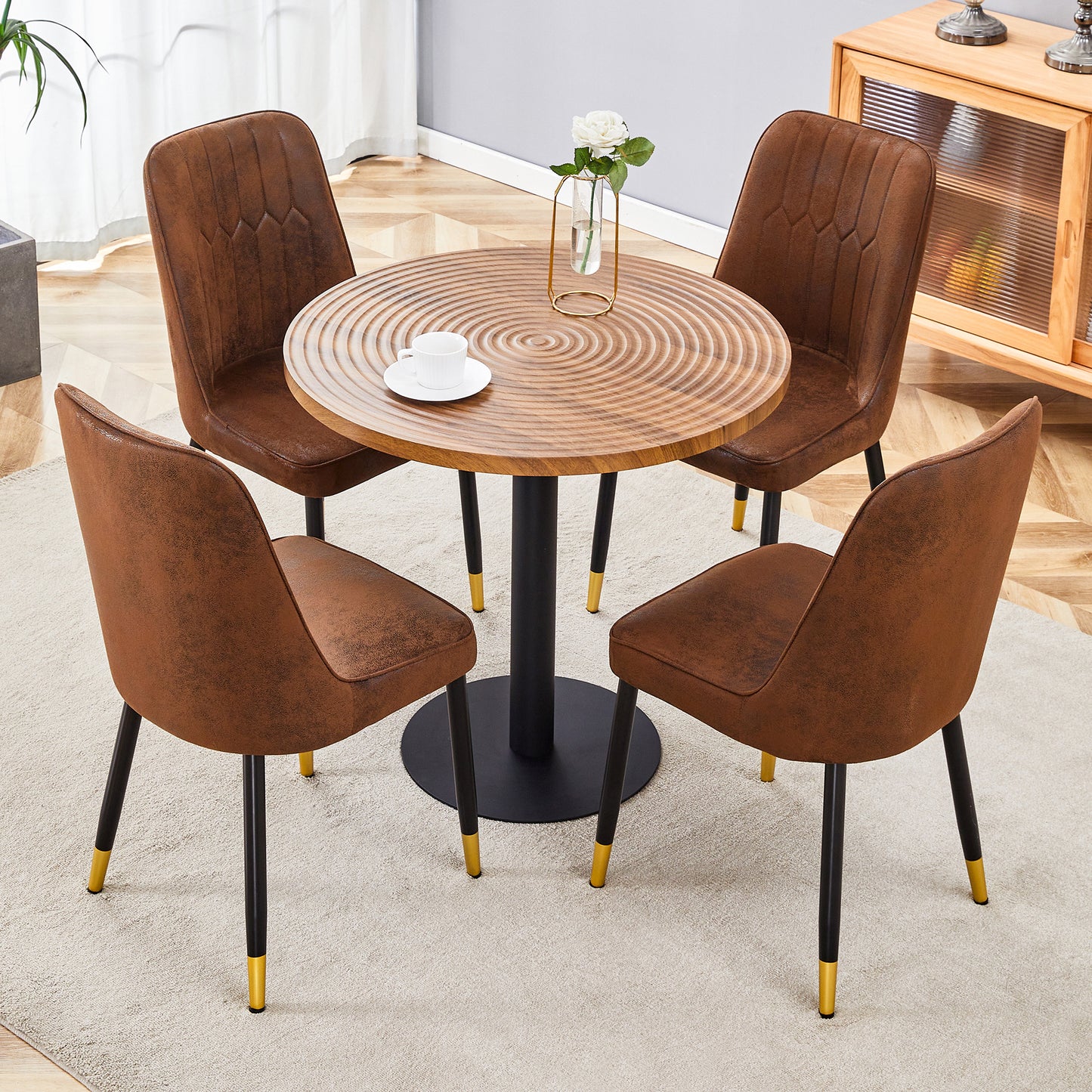 Rustic brown faux leather dining chairs with tufted backs and goldtipped legs set of