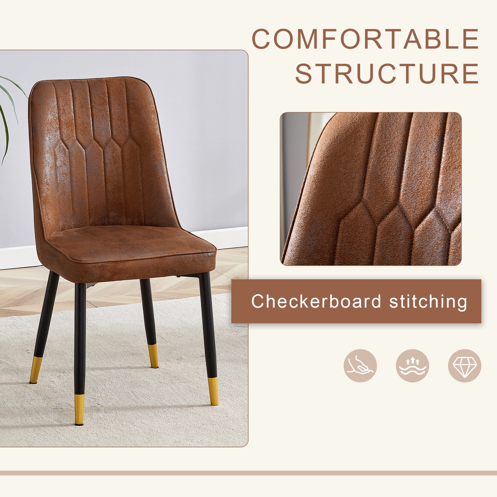 Brown faux leather dining chair with stitched backrest and black legs