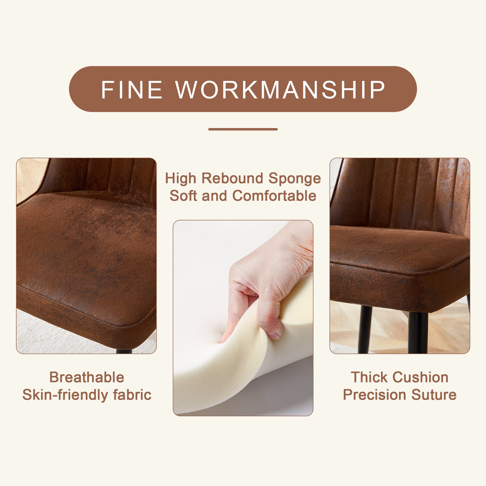Closeup of a brown upholstered dining chair seat showcasing breathable skinfriendly fabric