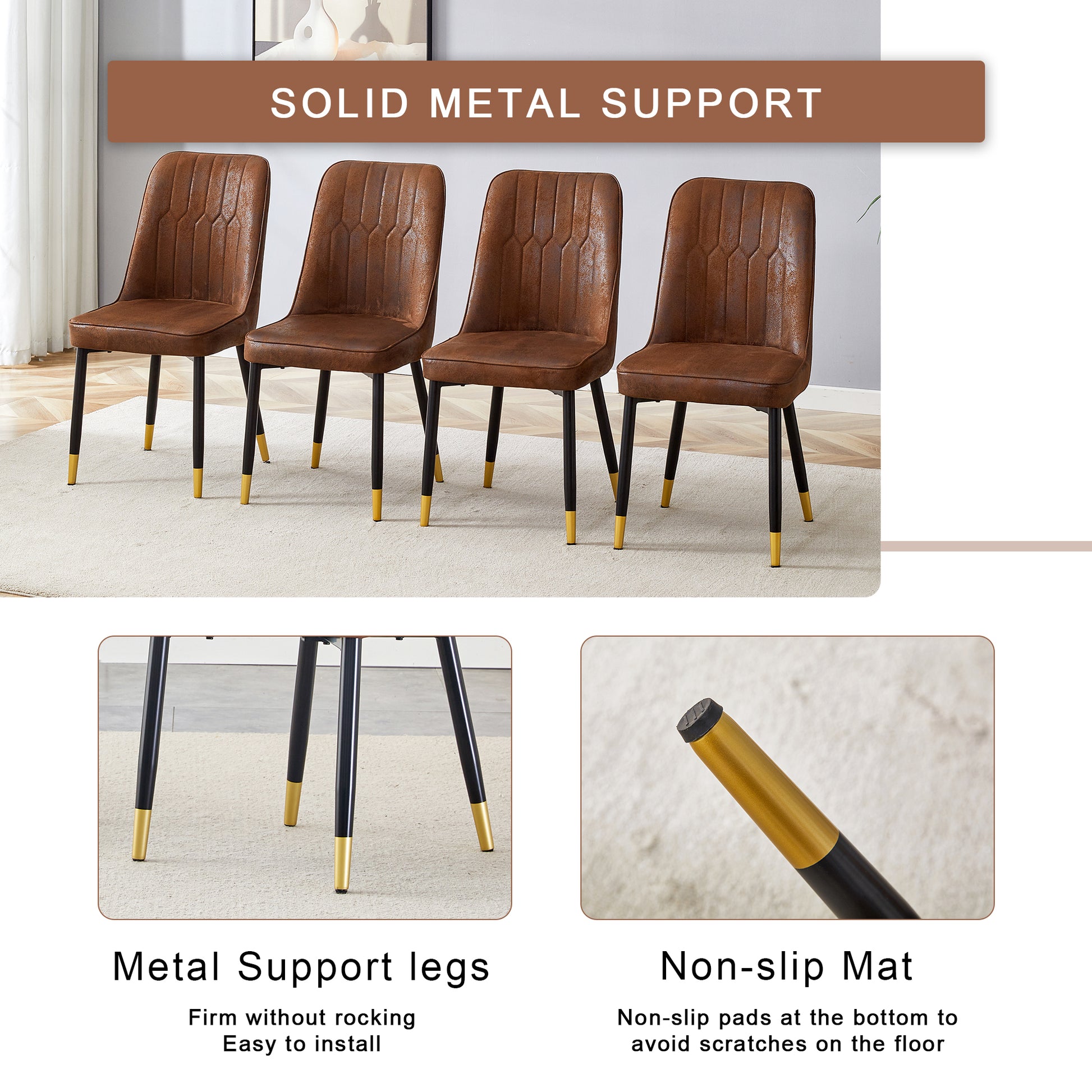 Four brown upholstered dining chairs with tufted backs and goldtipped black metal legs