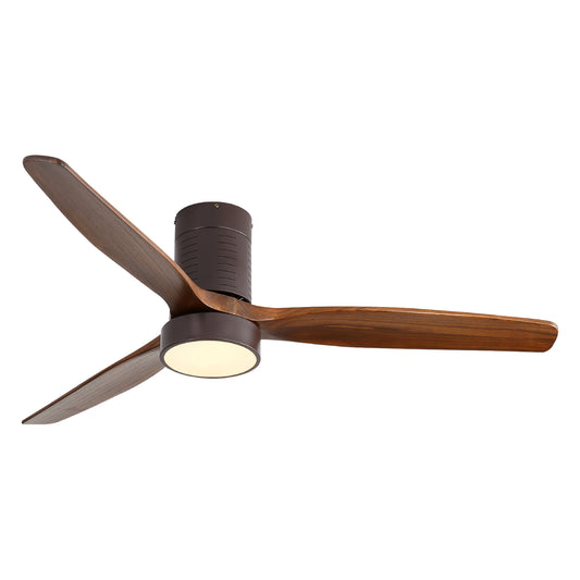 Modern brown ceiling fan with three woodgrain blades and integrated LED light