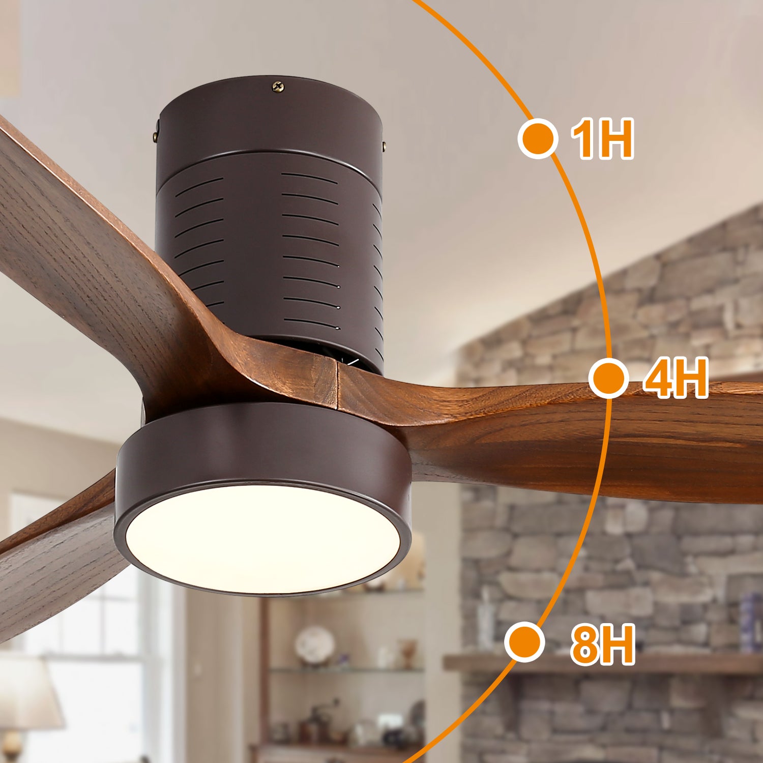 Dark brown modern ceiling fan with woodgrain blades and integrated LED light