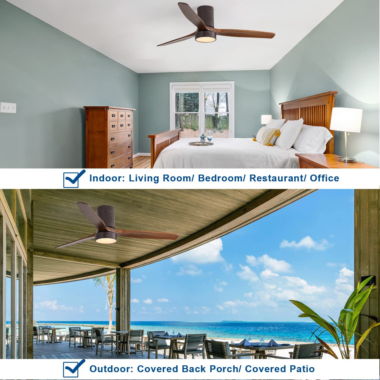 Brown wooden ceiling fan with light mounted on a white ceiling in a bedroom