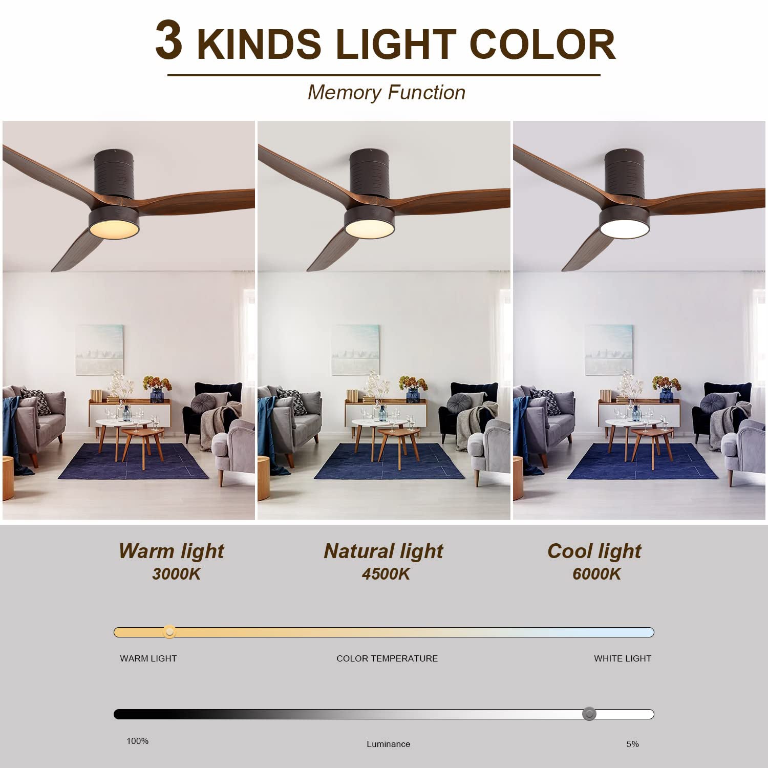 Dark wood ceiling fan with adjustable warm natural and cool light settings
